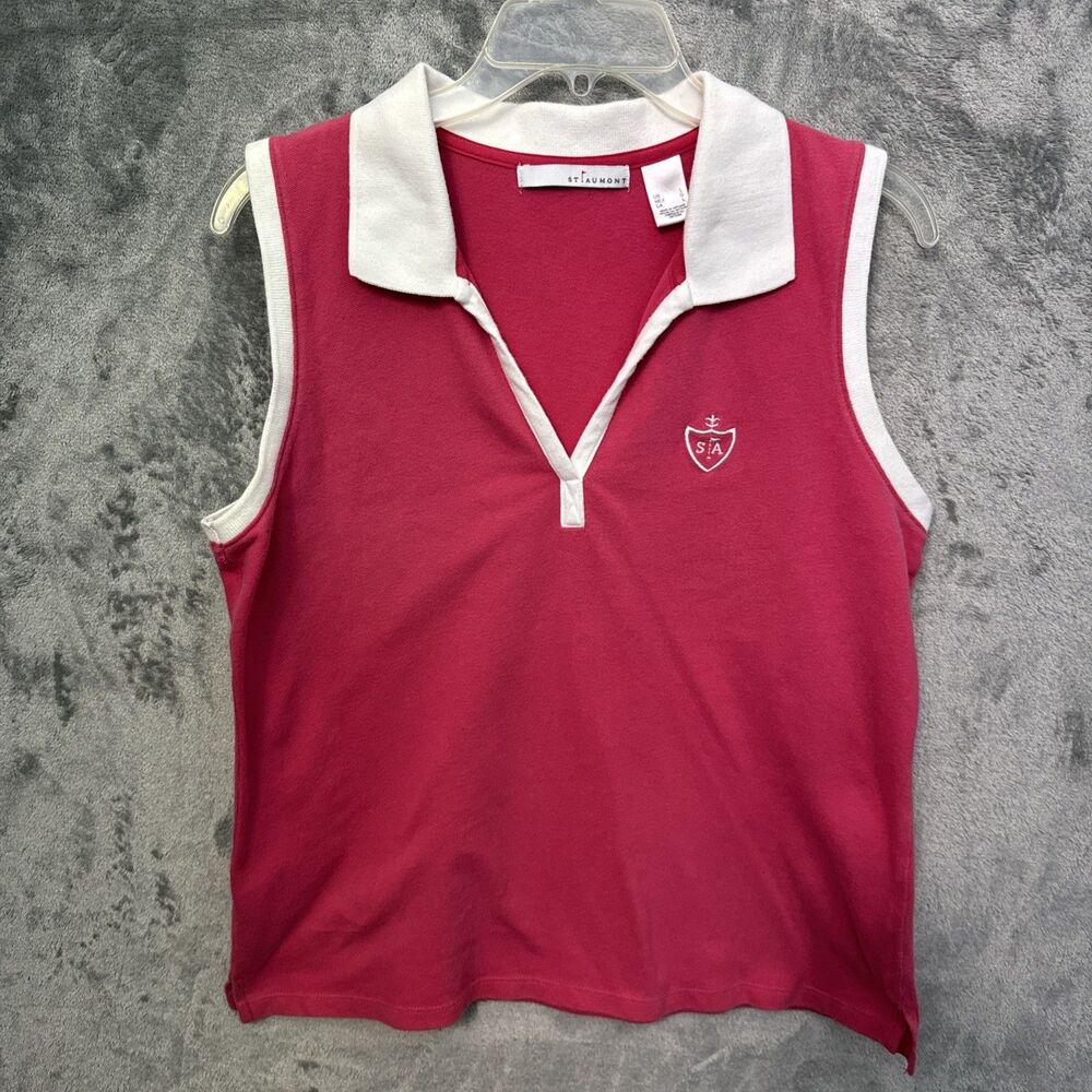 St Aumont Polo Shirt Women's Lg pink white Sleeveless vneck